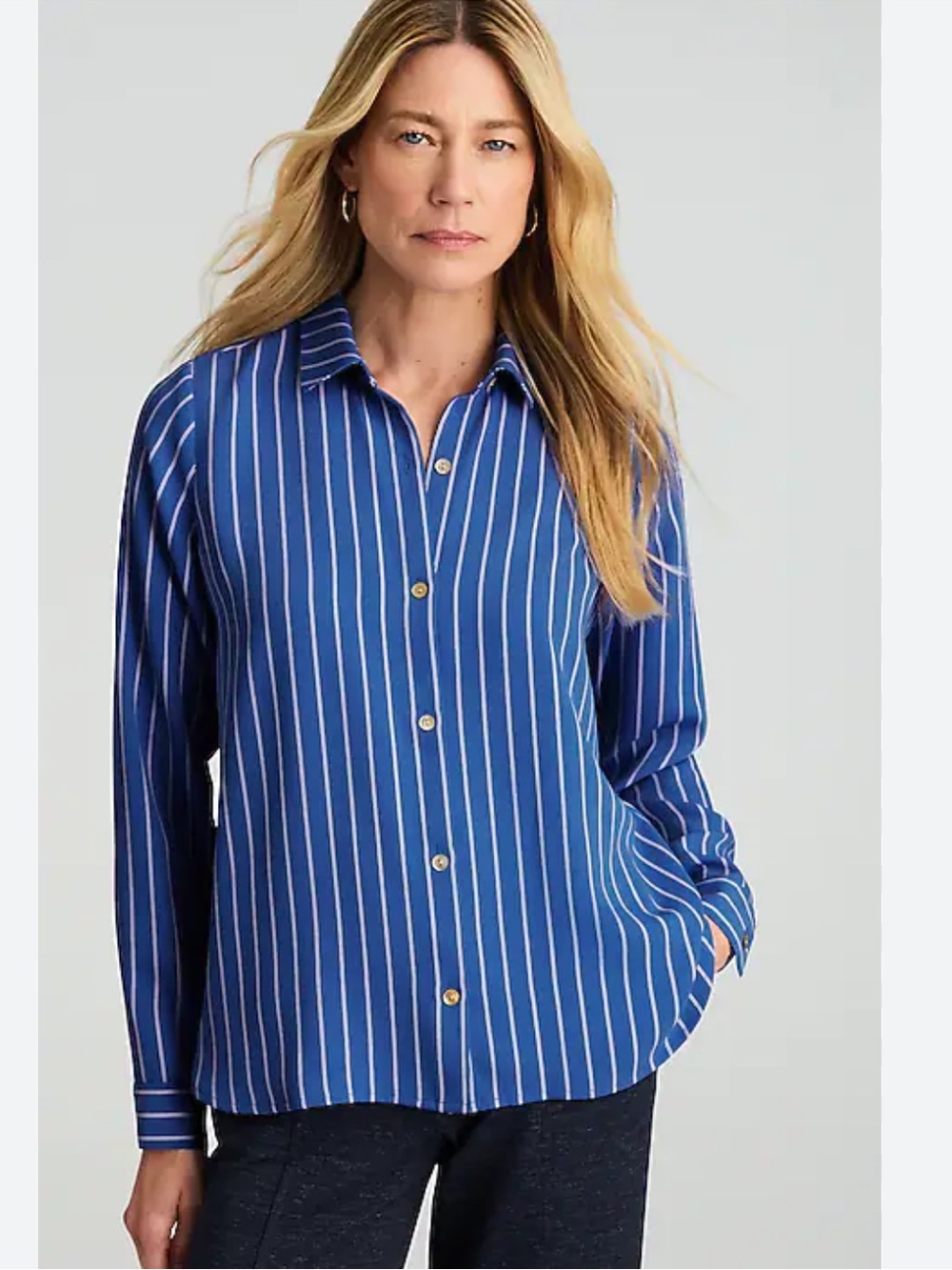 J. JILL BLUE OPAL DUAL PIN STRIPE WEAREVER EASY-CARE SATIN BUTTON FRONT SHIRT - Picture 2 of 11